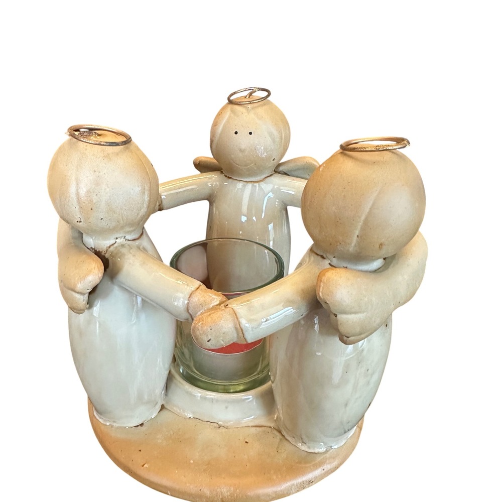 Angel Circle Candle Holder Vintage Tan Ceramic Clay Votive Centerpiece 6.5in